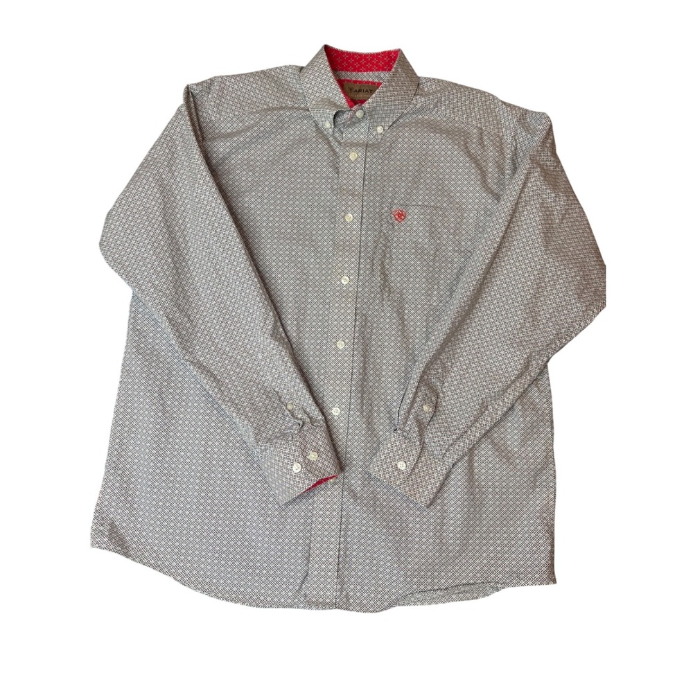 Ariat Mens Wrinkle Free Geometric Diamond Print Button Down Shirt Red White XL